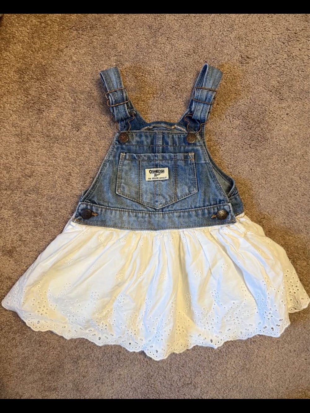 Oshkosh B'gosh Girl 2T Denim Overall Jumper Dress White Eyelet Lace Skirt